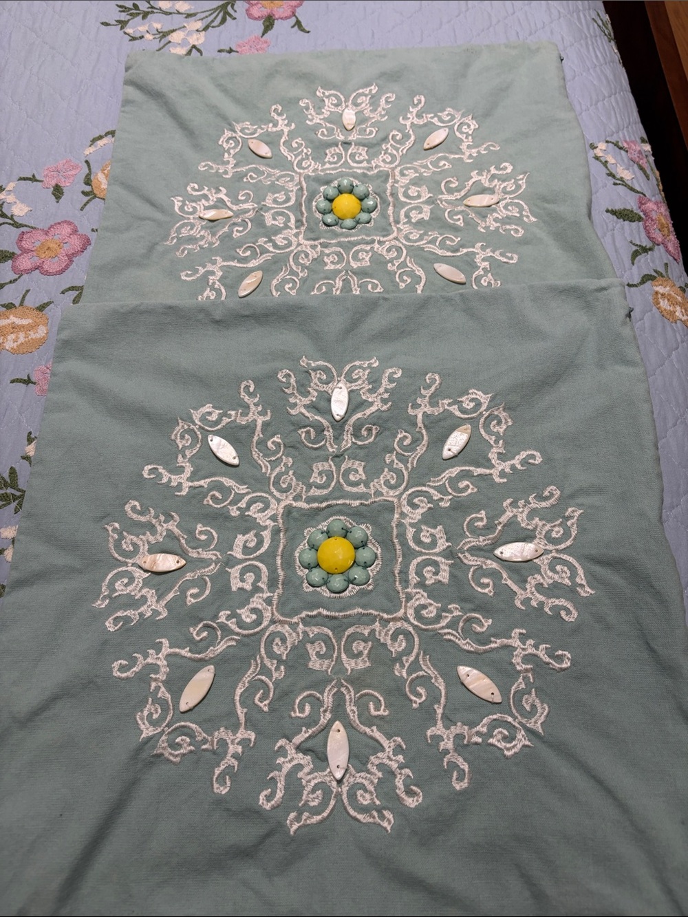 Echo Mint Green Embroidered Pair Cushion Pillow Covers Mother of Pearl & Beads